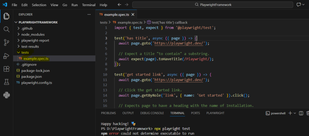 Creation of empty Playwright project image